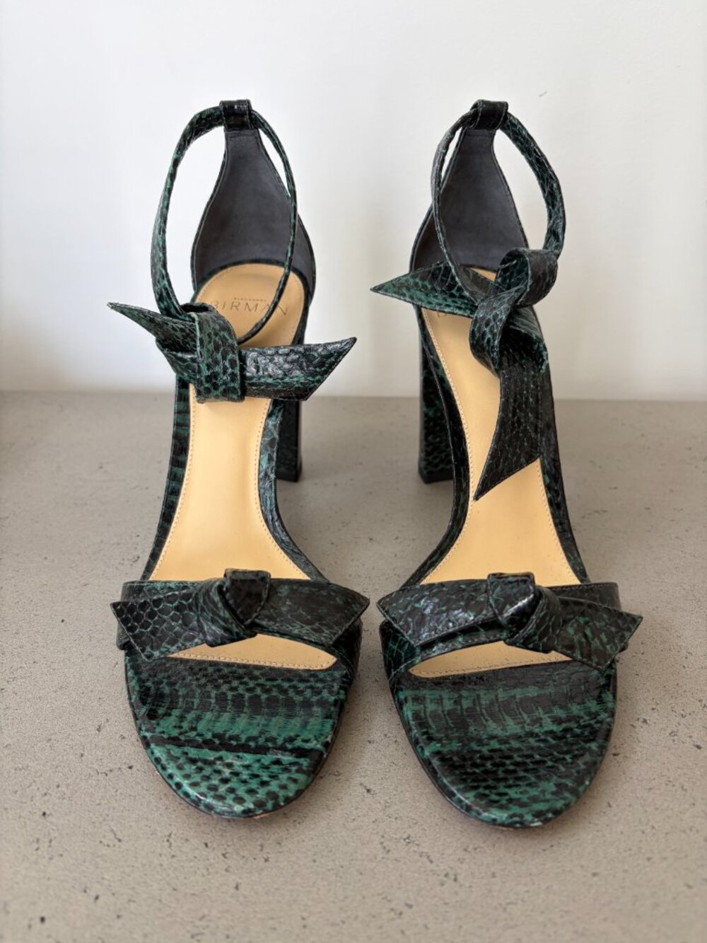 Alexandre Birman Clarita Snakeskin Block Heel Sandals 37.5 Green Black
